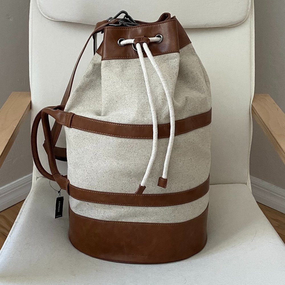 Express Canvas Bucket Backpack in Cream and Brown Leather Trim